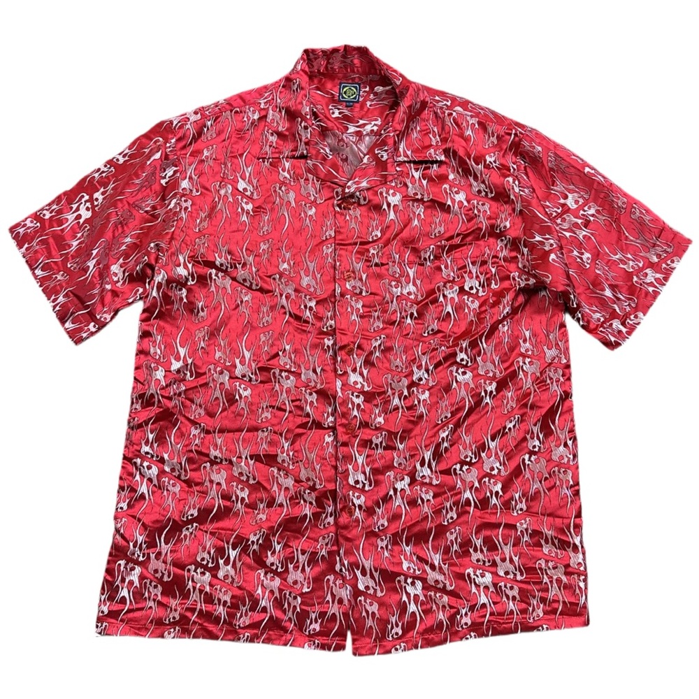 Y2K R2 mens red/silver shiny metallic flame graphic casual button down shirt, XL